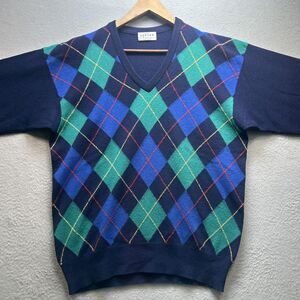 Vintage Mr. Rogers Sweater Mens Large Navy Argyle V Neck Made in Scotland Preppy
